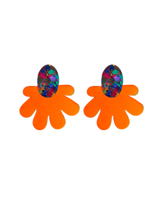 Boucles d'oreilles fleur en cuir bleu et violet paillette orange fluo - modele Zinnia- Majulette