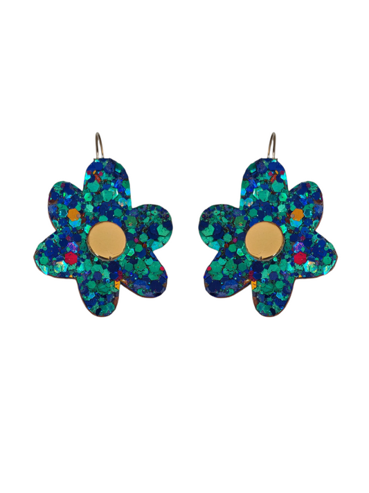 Boucles d'oreilles fleur en cuir bleu paillette  - modele Zap - Majulette