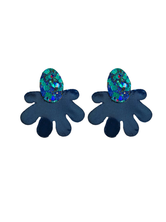 Boucles d'oreilles fleur en cuir bleu paillette  - modele Zinnia- Majulette