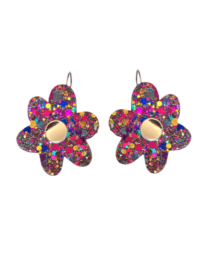 Boucles d'oreilles fleur en cuir multicolore paillette  - modele Zap - Majulette