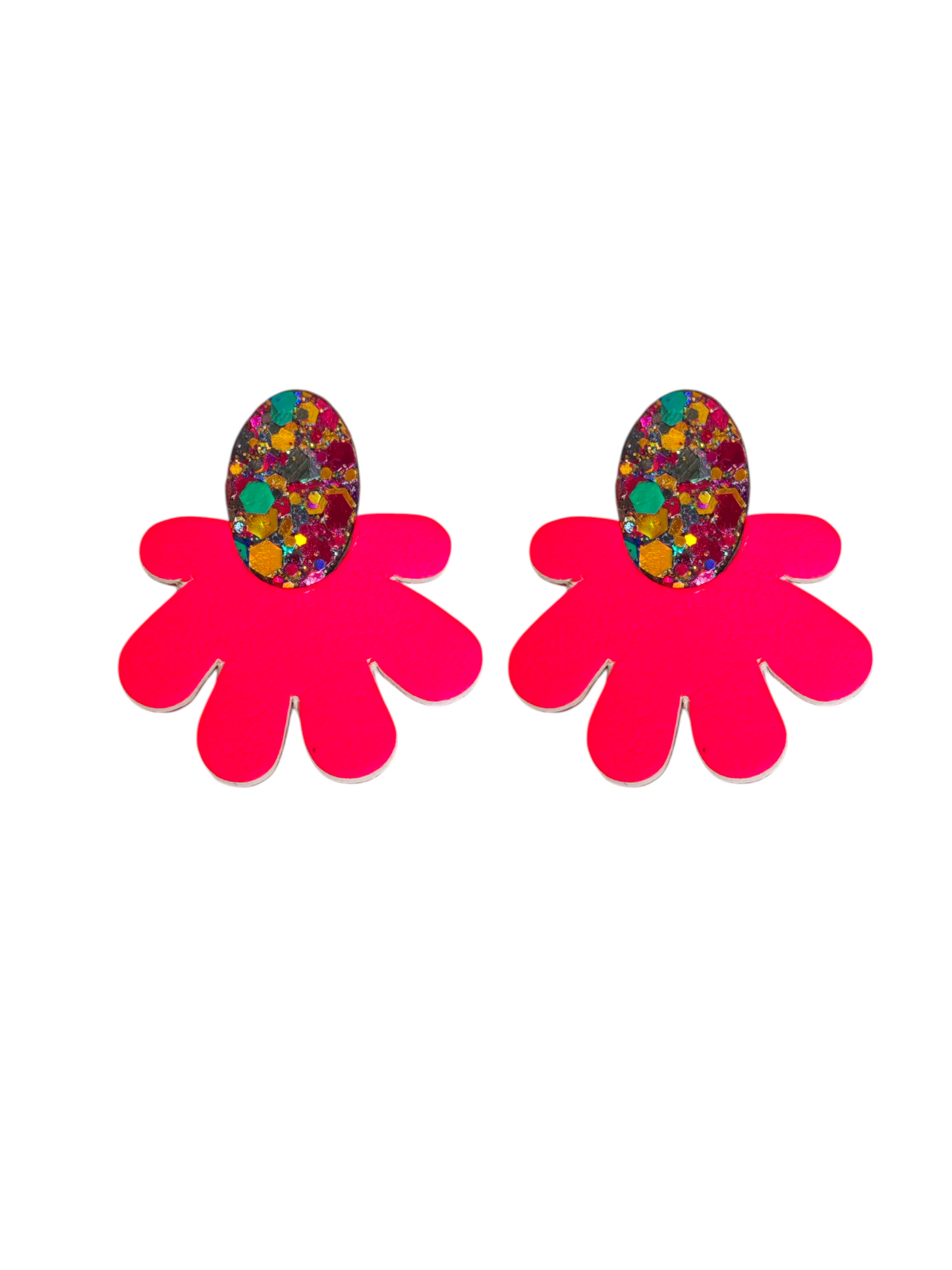 Boucles d'oreilles fleur en cuir mutlicore paillette et rose fluo  - modele Zinnia- Majulette