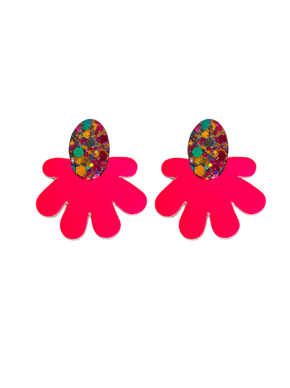 Boucles d'oreilles fleur en cuir mutlicore paillette et rose fluo  - modele Zinnia- Majulette