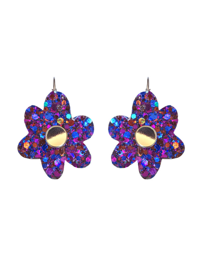 Boucles d'oreilles fleur en cuir violet paillette  - modele Zap - Majulette