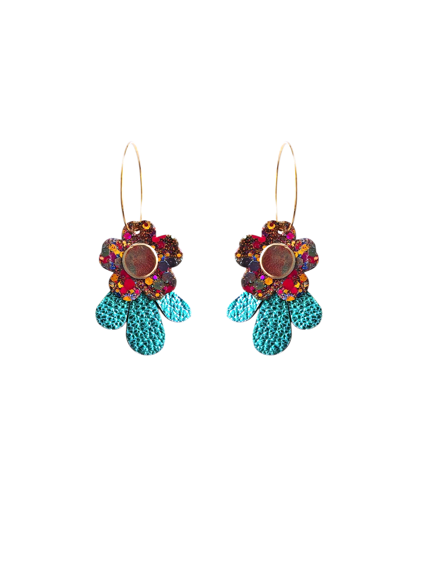 Boucles d'oreilles fleurs en cuir bleu et multicolore pailleté upcyclé modèle Tada - Majulette