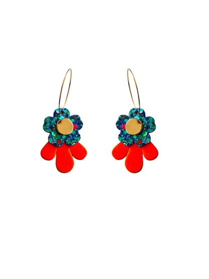 Boucles d'oreilles fleurs en cuir orange fluo et  bleu pailleté upcyclé modèle Tada - Majulette
