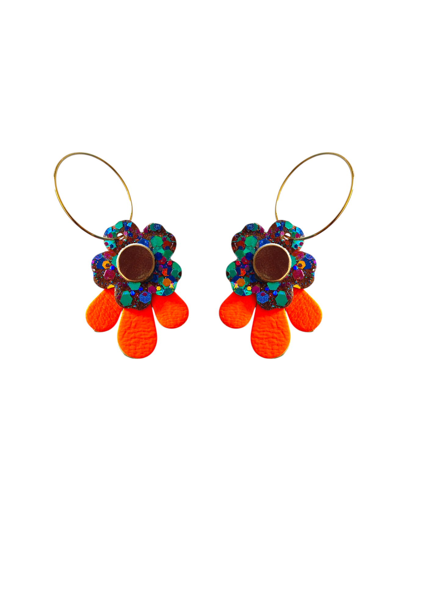 Boucles d'oreilles fleurs en cuir orange fluo et  violet et bleu pailleté upcyclé modèle Tada - Majulette
