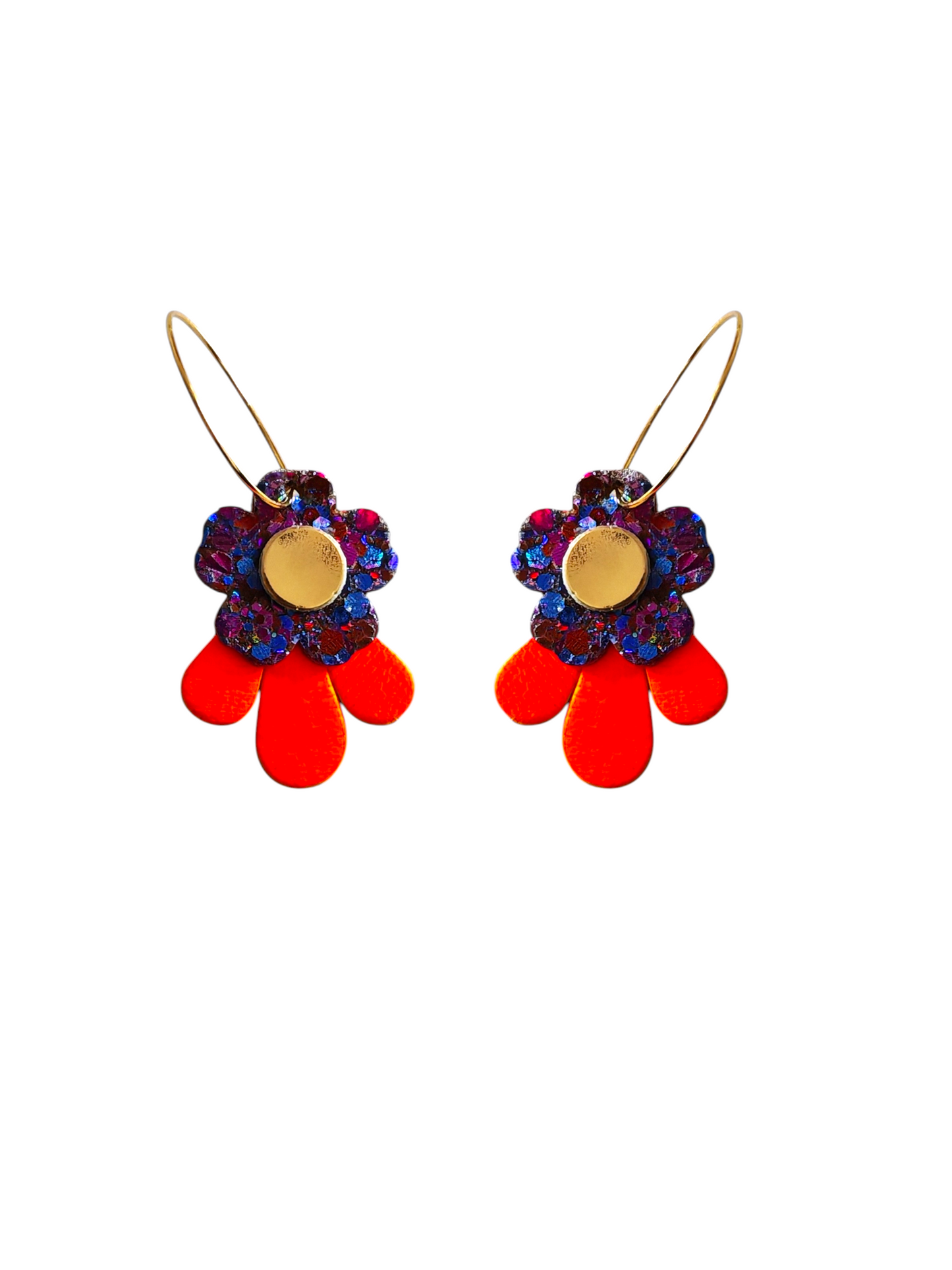Boucles d'oreilles fleurs en cuir orange fluo et  violet pailleté upcyclé modèle Tada - Majulette