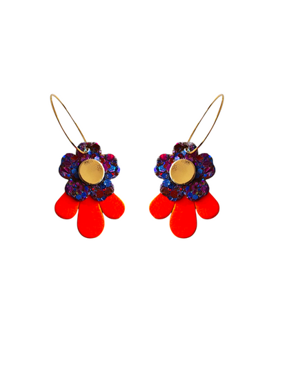 Boucles d'oreilles fleurs en cuir orange fluo et  violet pailleté upcyclé modèle Tada - Majulette