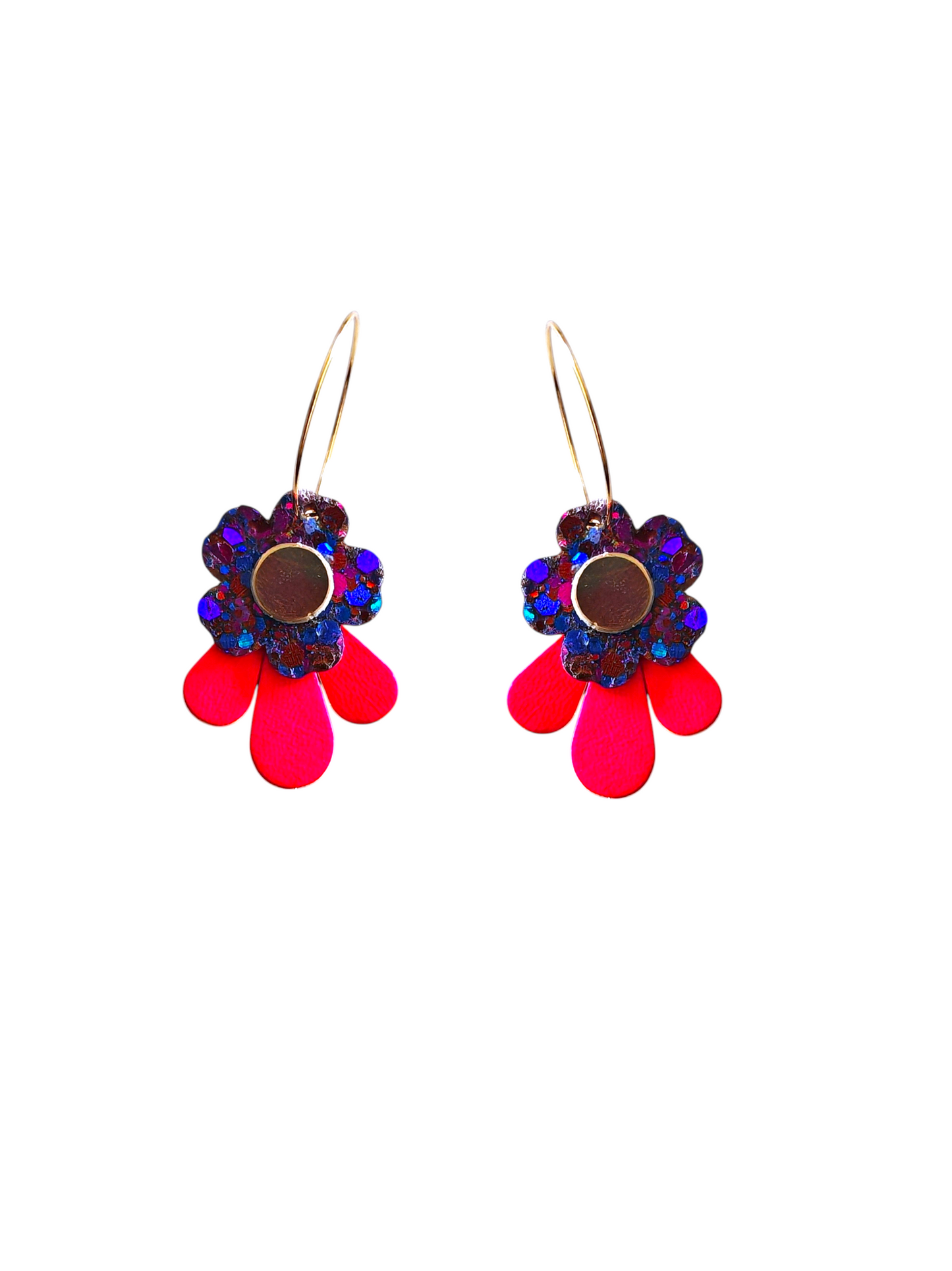 Boucles d'oreilles fleurs en cuir rose fluo et violet pailleté upcyclé modèle Tada - Majulette