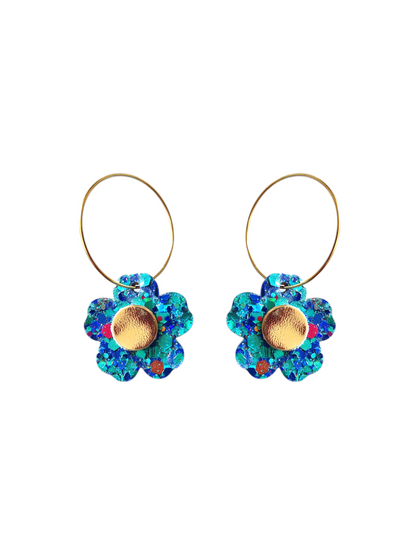 Boucles d'oreilles fleurs en cuir upcyclé  bleu et or-modèle Bulle - Majulette