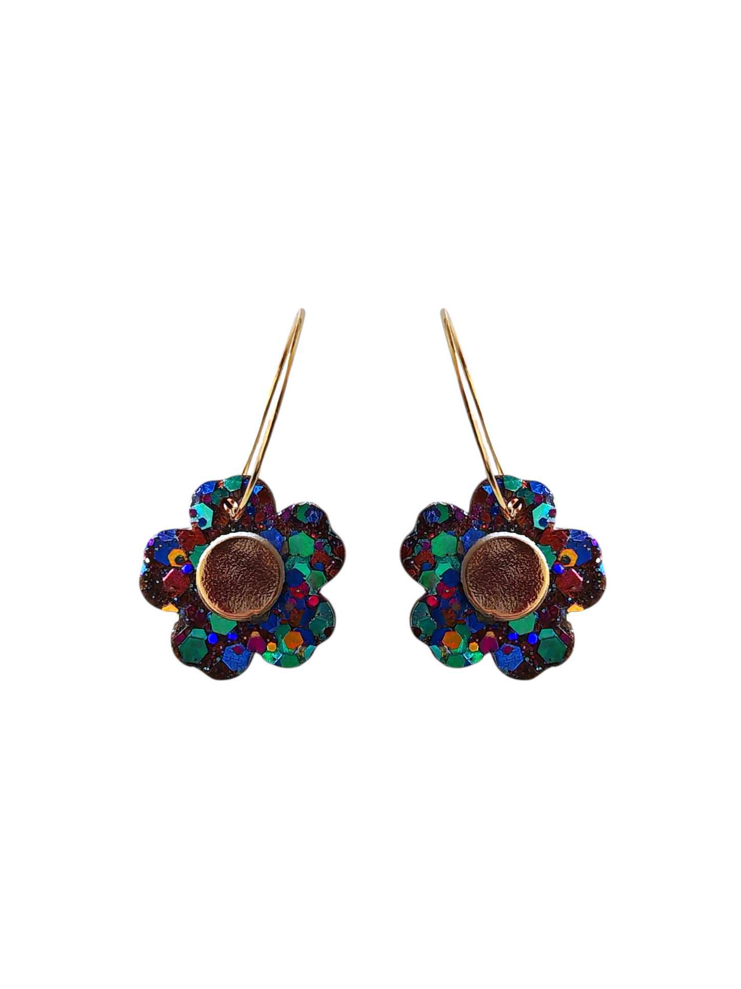 Boucles d'oreilles fleurs en cuir upcyclé bleu et violet pailleté et or-modèle Bulle- Majulette