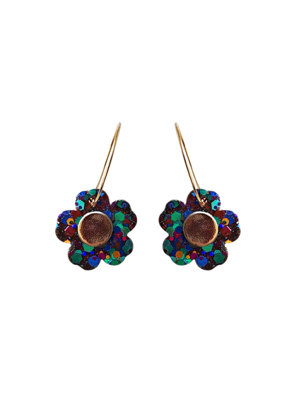 Boucles d'oreilles fleurs en cuir upcyclé bleu et violet pailleté et or-modèle Bulle- Majulette