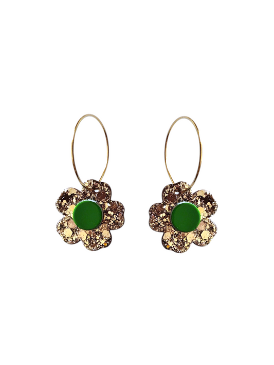 Boucles d'oreilles fleurs en cuir upcyclé  métalissé pailleté et vert-modèle Bulle- Majulette