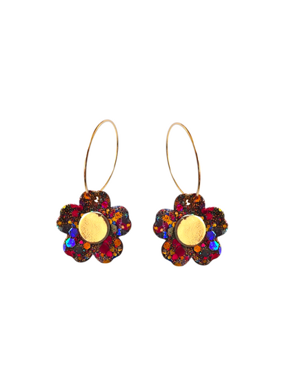 Boucles d'oreilles fleurs en cuir upcyclé multicolore pailleté et or-modèle Tada - Majulette
