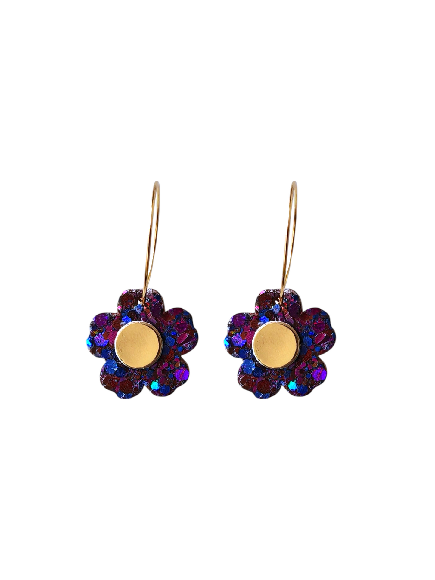 Boucles d'oreilles fleurs en cuir upcyclé violet  pailleté et or-modèle Bulle- Majulette