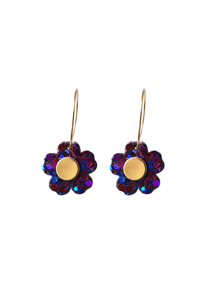 Boucles d'oreilles fleurs en cuir upcyclé violet  pailleté et or-modèle Bulle- Majulette