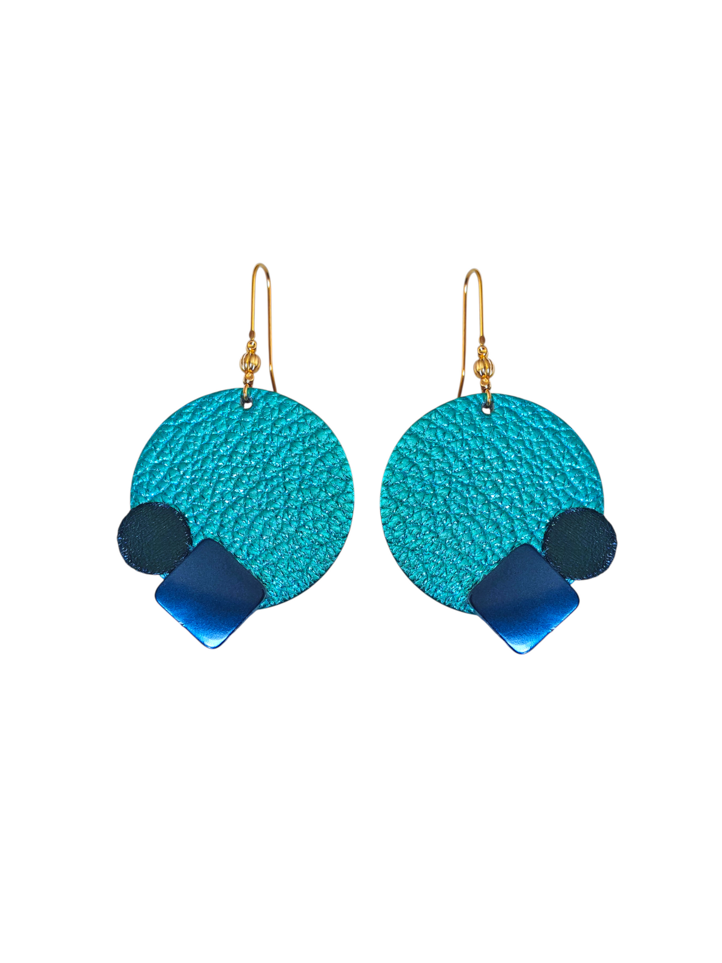 Boucles d'oreilles geometrique bleu en cuir upcyclé modèle Oko- Majulette