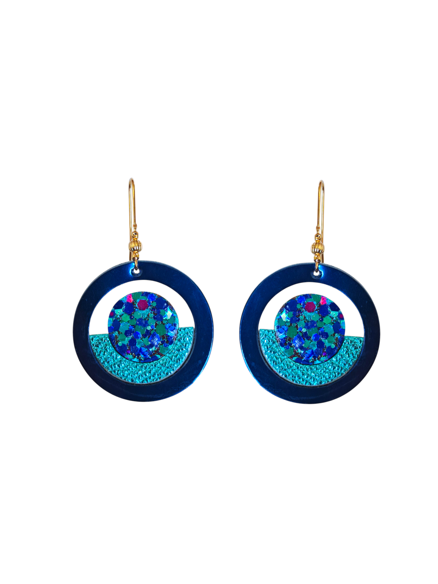 Boucles d'oreilles geometrique bleu et bleu paillette en cuir upcyclé modèle Alka- Majulette