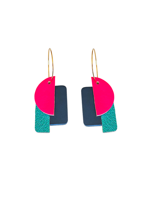 Boucles d'oreilles geometrique  bleu et rose fluo porte modèle pop- Majulette