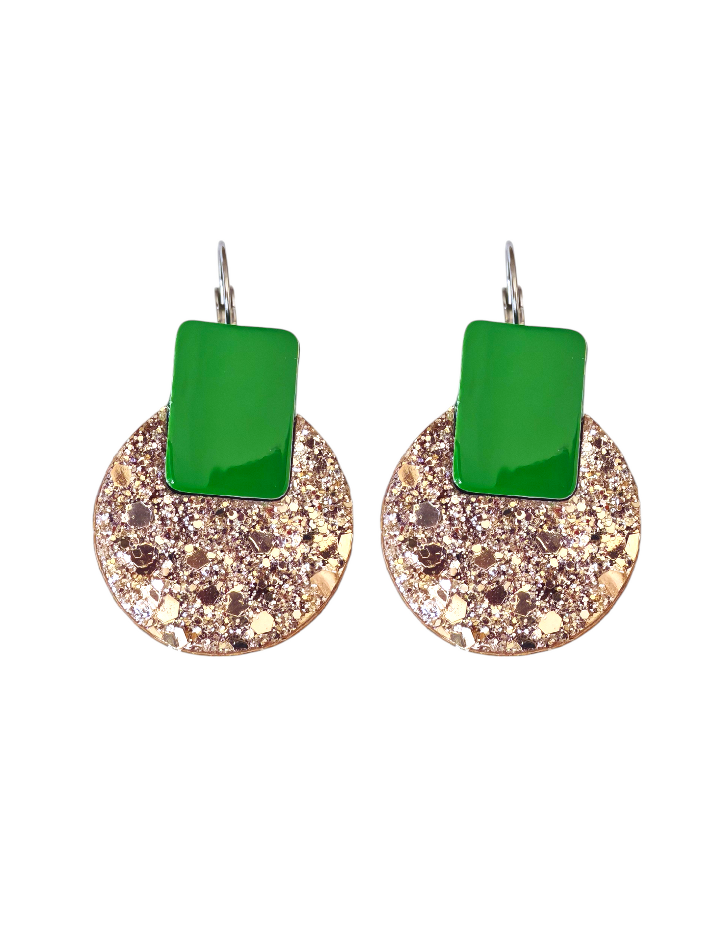 Boucles d'oreilles geometrique en cuir upcyclé argente paillette et vert  -  modèle Dot - Majulette