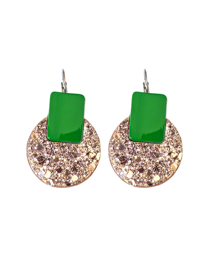 Boucles d'oreilles geometrique en cuir upcyclé argente paillette et vert  -  modèle Dot - Majulette