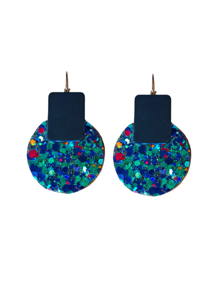 Boucles d'oreilles geometrique en cuir upcyclé bleu paillette et bleu metalisse-  modèle Dot - Majulette