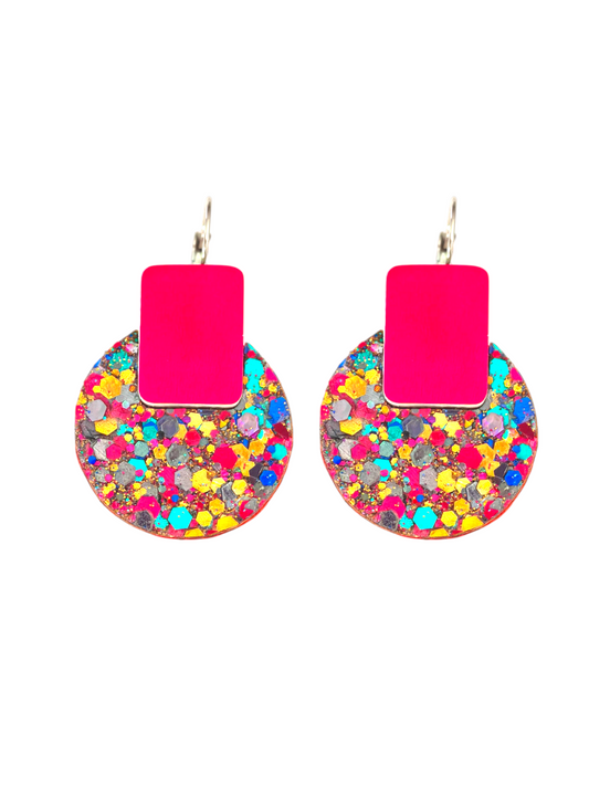 Boucles d'oreilles geometrique en cuir upcyclé multicolore paillette et rose fluo -  modèle Dot - Majulette