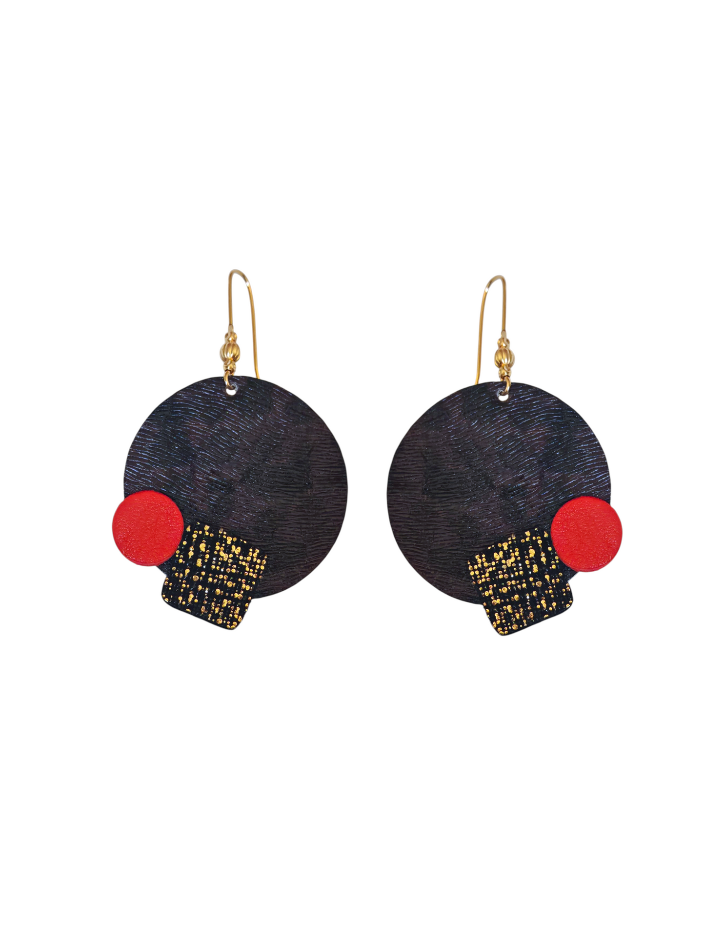 Boucles d'oreilles geometrique et noir et orange en cuir upcyclé modèle Oko- Majulette