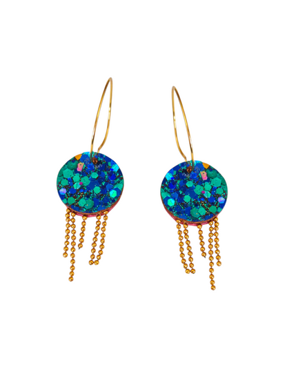 Boucles d'oreilles geometrique et pendante  bleu paillette en cuir upcyclé modèle Splash- Majulette