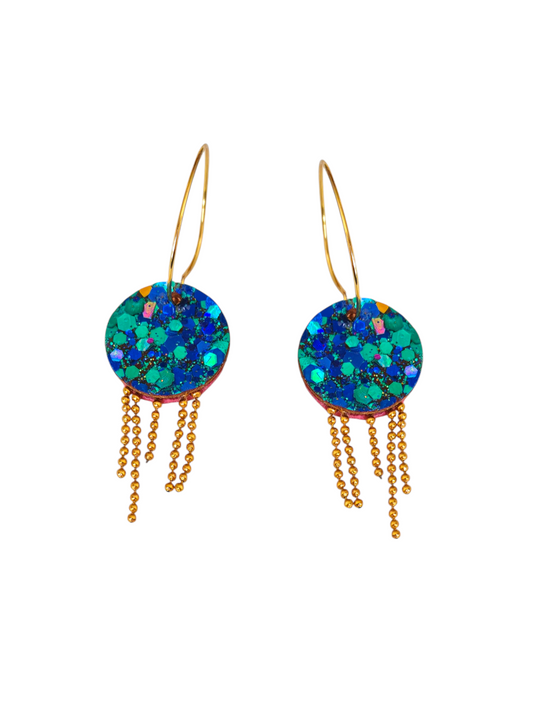 Boucles d'oreilles geometrique et pendante  bleu paillette en cuir upcyclé modèle Splash- Majulette