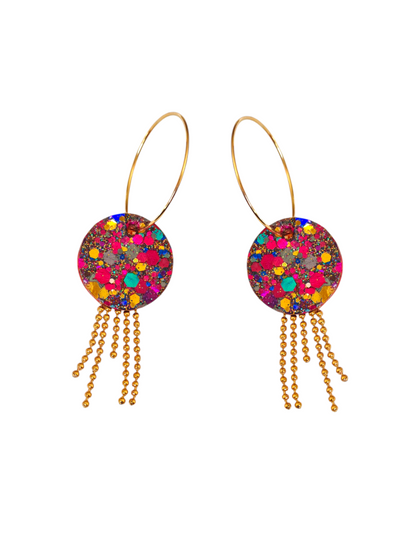Boucles d'oreilles geometrique et pendante  multicolore paillette en cuir upcyclé modèle Splash- Majulette