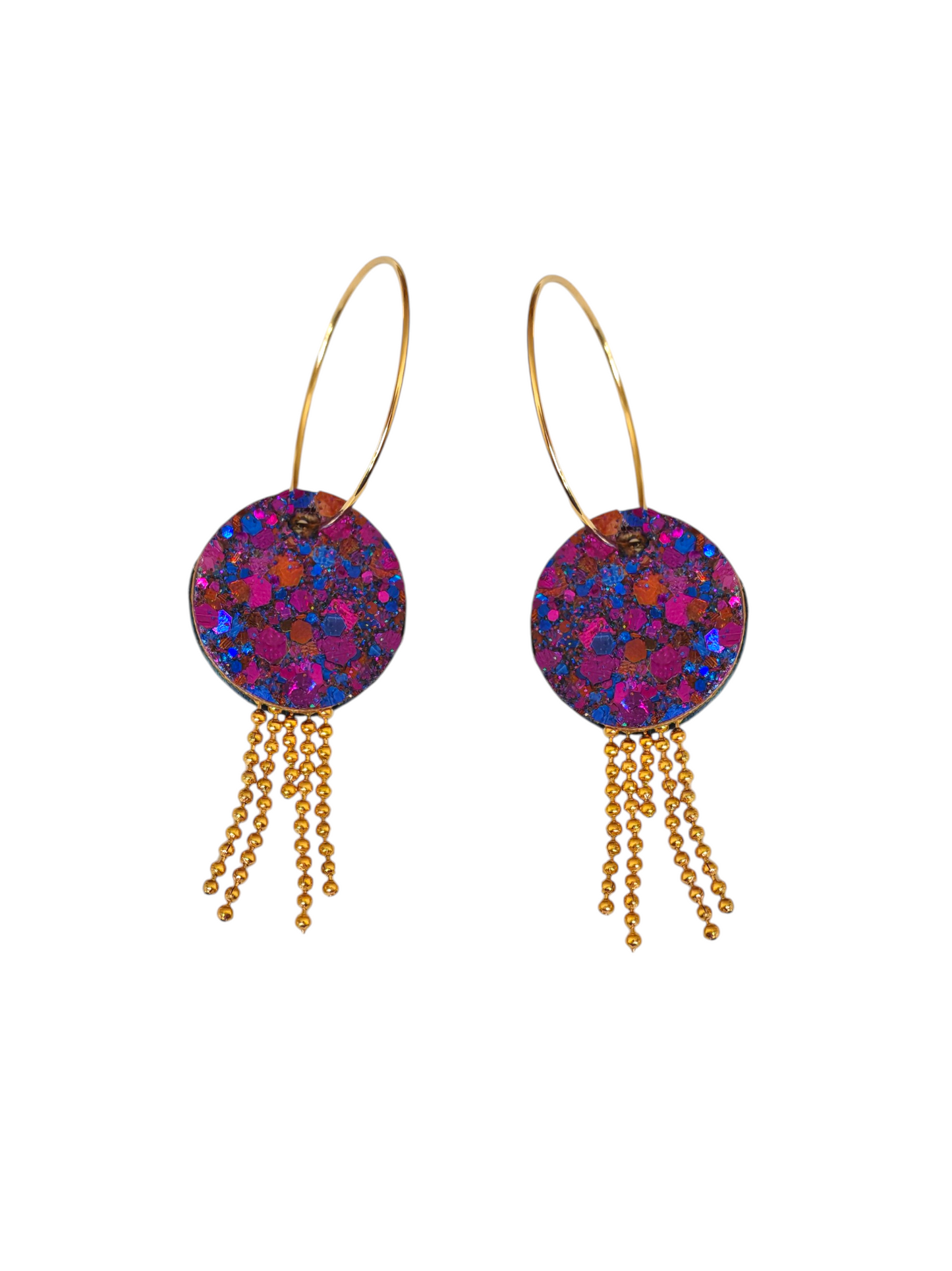 Boucles d'oreilles geometrique et pendante  violet paillette en cuir upcyclé modèle Splash- Majulette