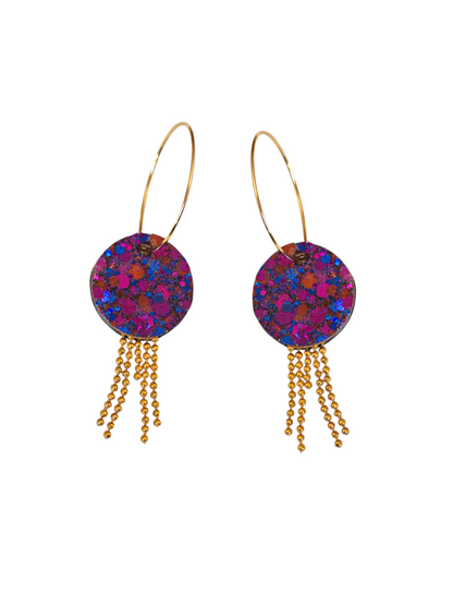 Boucles d'oreilles geometrique et pendante  violet paillette en cuir upcyclé modèle Splash- Majulette