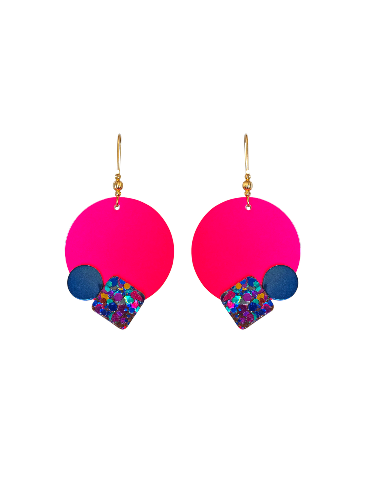 Boucles d'oreilles geometrique et rose fluo bleu et violet paillette en cuir upcyclé modèle Oko- Majulette