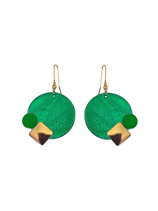 Boucles d'oreilles geometrique et vert et or en cuir upcyclé modèle Oko- Majulette