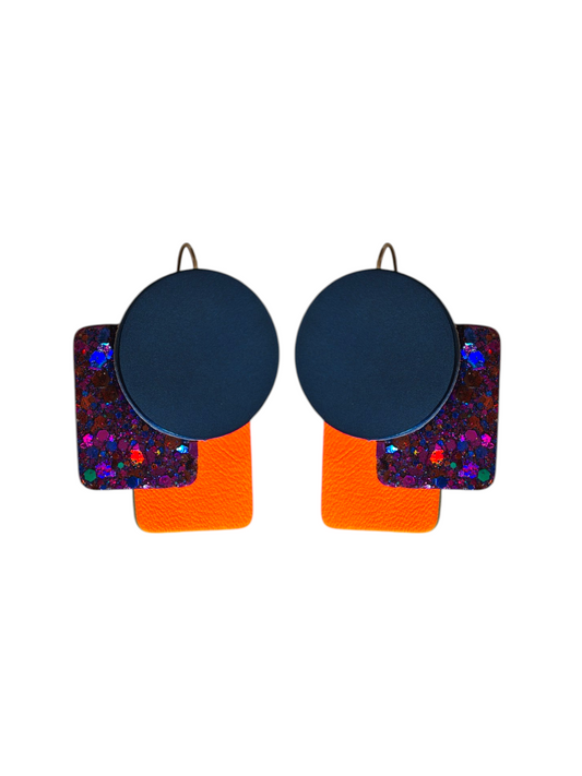 Boucles d'oreilles geometrique et violet paillette orange fluo et bleu en cuir upcyclé modèle Boom- Majulette