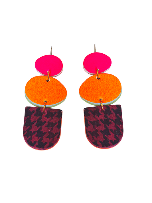 Boucles d'oreilles geometrique rose fluo pied de poule et orange fluo modèle splash- Majulette