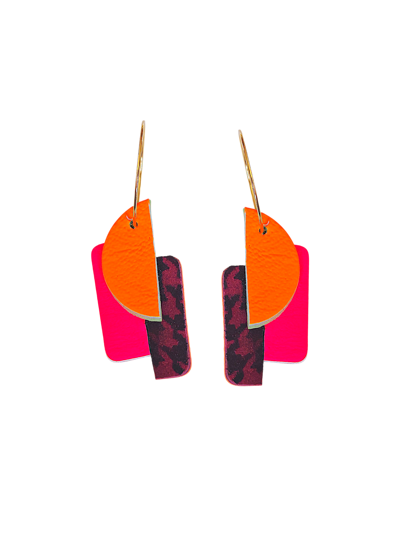 Boucles d'oreilles geometrique  rose fluo, pied de poule et orange fluo porte modèle pop- Majulette