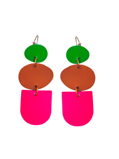 Boucles d'oreilles geometrique vert fluo orange et rose fluo modèle splash- Majulette