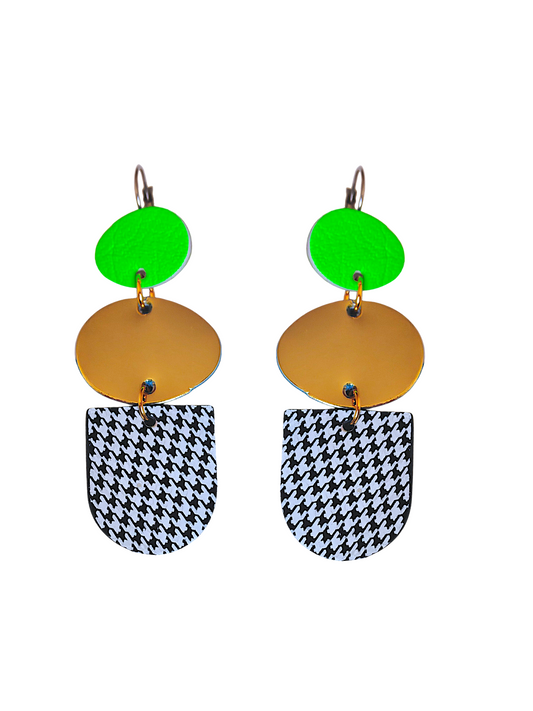 Boucles d'oreilles geometrique vert pied de poule et or modèle splash- Majulette