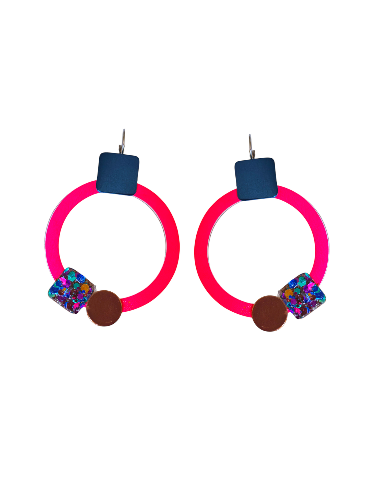 Boucles d'oreilles ronde et carre bleu  et rose fushia et multicolore paillette modèle Ixia- Majulette
