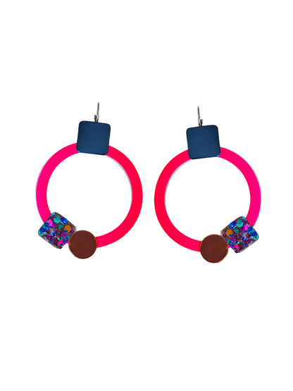 Boucles d'oreilles ronde et carre bleu  et rose fushia et multicolore paillette modèle Ixia- Majulette