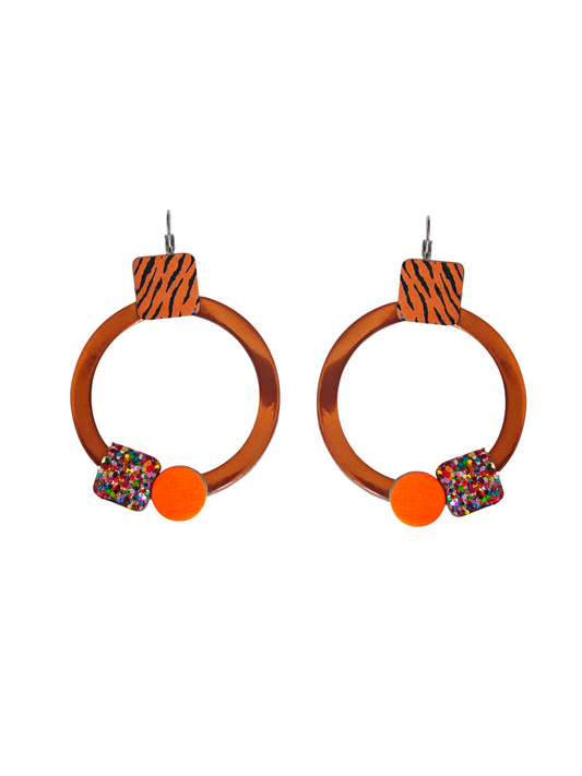 Boucles d'oreilles ronde et carre pailleté et orange upcyclé modèle Ixia- Majulette