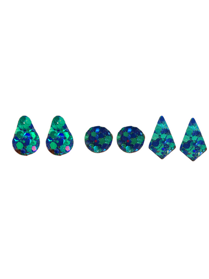 Boucles d'oreilles  trio  géometrique en cuir  bleu pailleté upcyclé modèle Bim Bam Boom  - Majulette