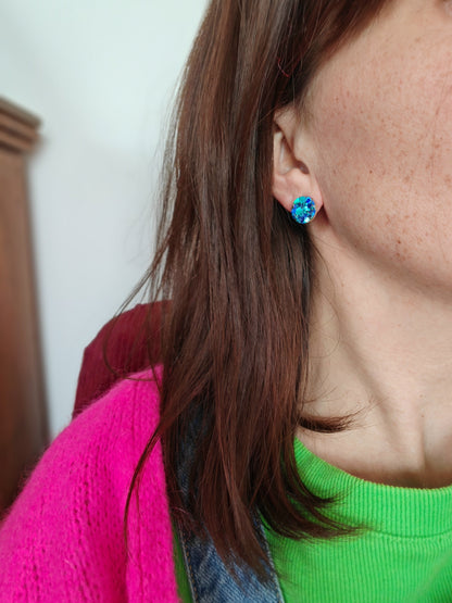 Boucles d'oreilles  trio  géometrique en cuir  bleu pailleté upcyclé modèle Bim Bam Boom porte  - Majulette