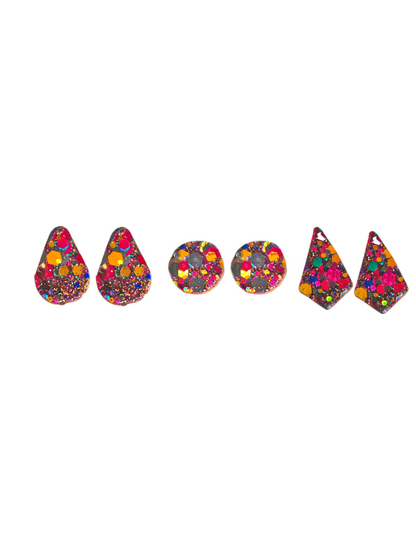 Boucles d'oreilles  trio  géometrique en cuir  multicolore pailleté upcyclé modèle Bim Bam Boom  - Majulette