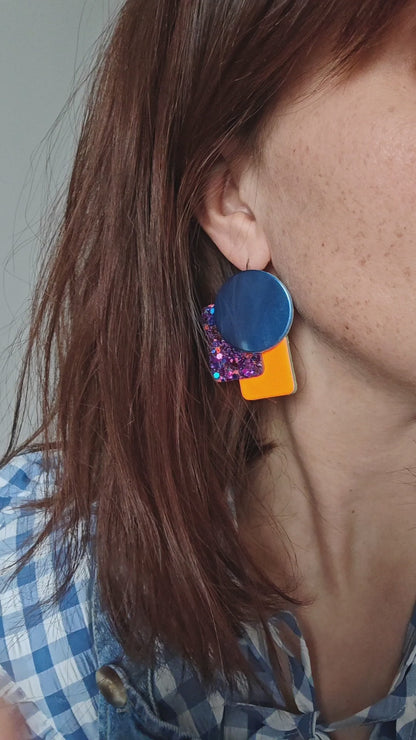 Boucles d'oreilles geometrique et violet paillette orange fluo et bleu en cuir upcyclé modèle Boom- Majulette